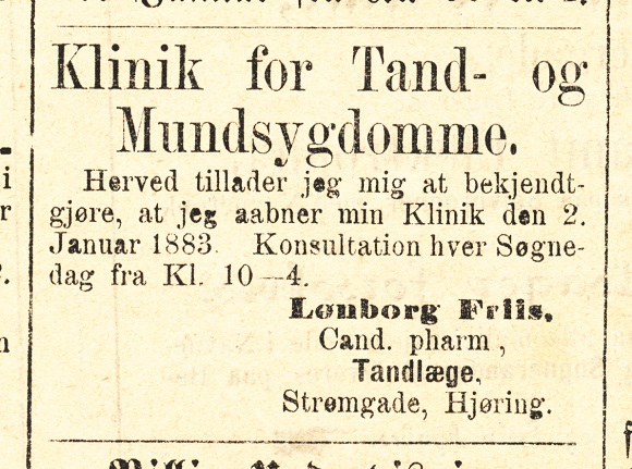 LØnborg Friis tandlægeklinik Annonce VT 27-12 1882
